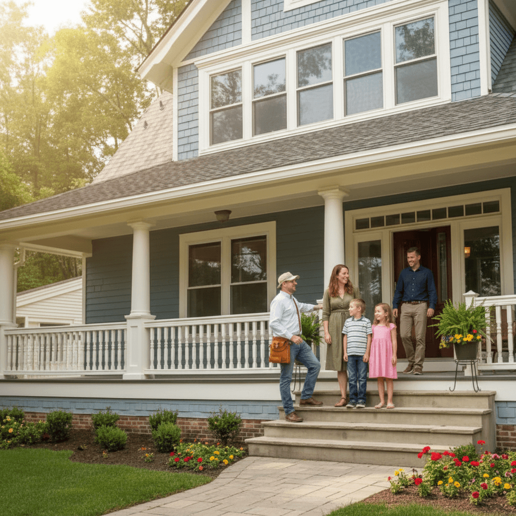 A family on the porch of their home with an inspector reviewing it alongside them